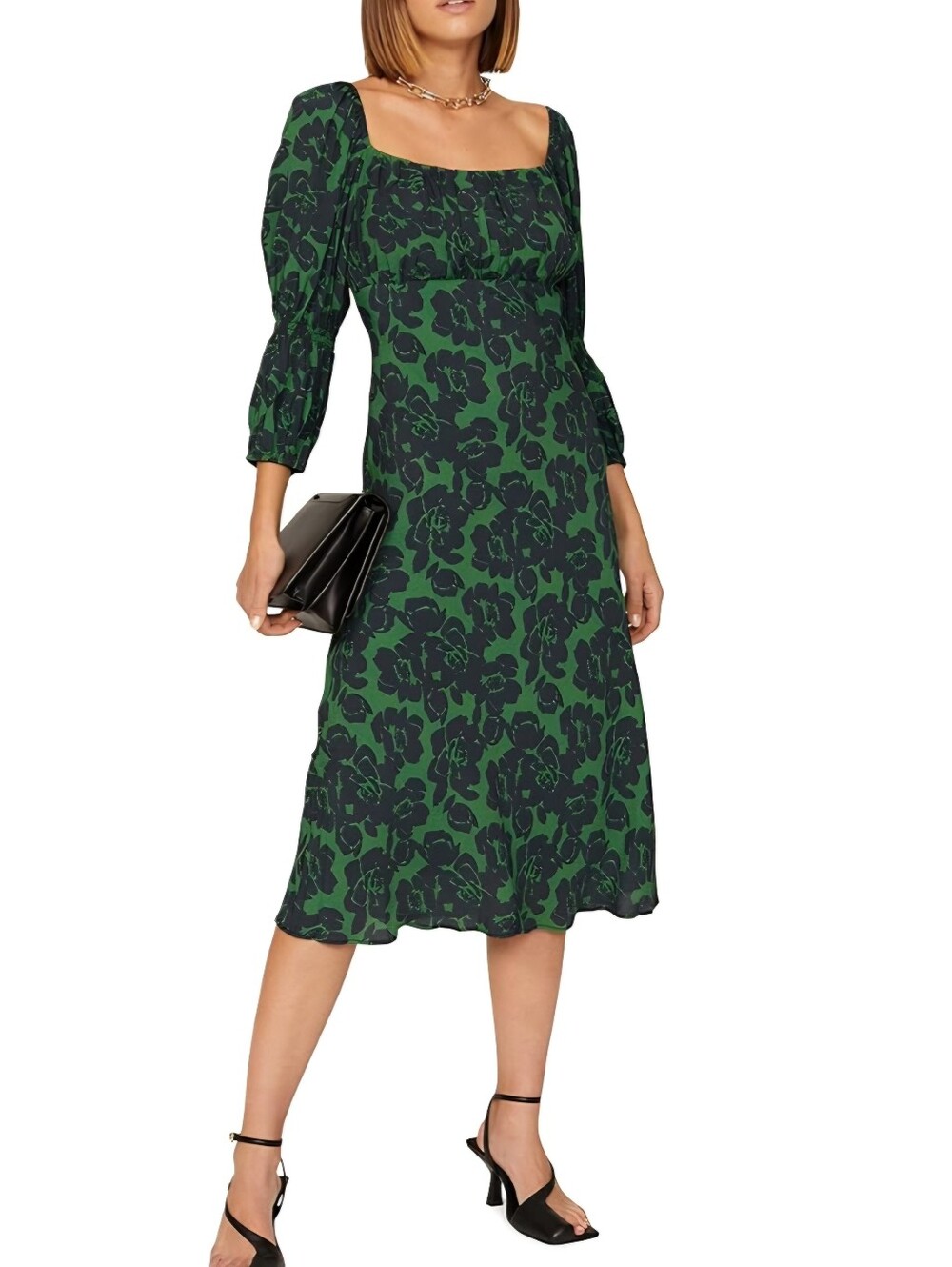 Peter Som Dark Green Floral Square-Neck Midi Dress